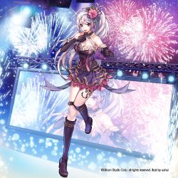 Rule 34 | 1girl, boots, breasts, cleavage, earrings, fireworks, flower, gloves, gyakushuu no fantasica, high heel boots, high heels, jewelry, leaf, long hair, microphone, mole, mole on breast, official art, open mouth, ponytail, purple eyes, solo, tattoo, teeth, uuhui, white hair