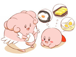Rule 34 | :d, blissey, blue eyes, brown eyes, colored skin, commentary, commentary request, creature, creatures (company), crossover, drooling, egg, egg (food), food, fried egg, frying pan, game freak, gen 2 pokemon, gen 4 pokemon, happiny, happy, hardboiled egg, hungry, kirby, kirby (series), lying, nintendo, no humans, on stomach, open mouth, pink skin, pink theme, pokemon, pokemon (creature), rophy, simple background, smile, sunny side up egg, thought bubble, tray, white background