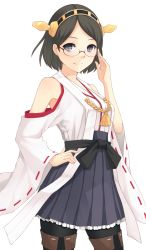 Rule 34 | 10s, 1girl, armpits, bad id, bad pixiv id, black hair, blue eyes, detached sleeves, glasses, hairband, hand on own hip, he92, highres, japanese clothes, kantai collection, kirishima (kancolle), looking at viewer, pantyhose, personification, short hair, smile, solo, thighhighs, wide sleeves