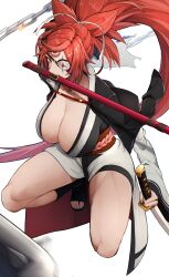 Rule 34 | 1girl, absurdres, amputee, baiken, big hair, black kimono, breasts, eyepatch, from above, guilty gear, guilty gear strive, highres, holding, holding sword, holding weapon, huge breasts, japanese clothes, kataginu, katana, kimono, multicolored clothes, multicolored kimono, one-eyed, open clothes, open kimono, red hair, samurai, scar, scar across eye, scar on face, sheath, solo, souma (so u maaaaa), squatting, sword, weapon