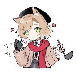 Rule 34 | 1girl, animal ear fluff, animal ears, arknights, black hat, black necktie, brown coat, cat ears, closed mouth, coat, cropped torso, green eyes, hat, holding, holding ladle, inu to milk, ladle, long sleeves, looking at viewer, mousse (arknights), mousse (campfire cooking smoke) (arknights), multicolored hair, necktie, official alternate costume, open clothes, orange hair, red scarf, scarf, shirt, short hair, smile, solo, two-tone hair, white hair, white shirt