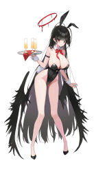 Rule 34 | 1girl, absurdres, alcohol, alternate costume, animal ears, bare legs, bare shoulders, black footwear, black hair, black leotard, black wings, blood, blood halo, blue archive, bow, bowtie, breasts, champagne, cleavage, closed mouth, commentary, cup, detached collar, drinking glass, fake animal ears, full body, gloves, halo, high heels, highleg, highleg leotard, highres, holding, holding tray, hovaku, large breasts, leotard, liquid halo, long hair, looking at viewer, low wings, melting halo, pantyhose, playboy bunny, rabbit ears, rabbit tail, red eyes, simple background, smile, solo, standing, strapless, strapless leotard, tail, tray, tsurugi (blue archive), very long hair, white background, wine glass, wings, wrist cuffs