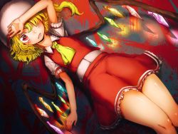 Rule 34 | 1girl, ascot, bad id, bad twitter id, bare legs, blonde hair, blood, flandre scarlet, frilled skirt, frills, hair over one eye, hat, highres, looking at viewer, lying, mob cap, niwarhythm, on back, red eyes, red skirt, short sleeves, skirt, skirt set, solo, touhou, vest, white hat, wings