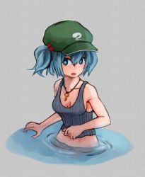 Rule 34 | 1girl, alternate costume, blue eyes, blue hair, breasts, cleavage, commentary, flat cap, green hat, grey background, grey tank top, hair bobbles, hair ornament, hat, highres, jewelry, kawashiro nitori, key, key necklace, looking at viewer, medium breasts, necklace, open mouth, short hair, solo, striped tank top, tank top, touhou, two side up, upper body, water, yan pai