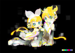 Rule 34 | 1boy, 1girl, arm warmers, blonde hair, blue eyes, brother and sister, chisuke, detached sleeves, hair ornament, hair ribbon, hairclip, headphones, kagamine len, kagamine len (append), kagamine rin, kagamine rin (append), leg warmers, ribbon, short hair, shorts, siblings, twins, vocaloid, vocaloid append