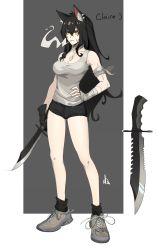 Rule 34 | 1girl, absurdres, animal ears, bandaid, bandaid on arm, bare legs, black hair, black shorts, black socks, breasts, cigarette, cleavage, closed mouth, combat knife, dagger, distr, dog tags, facial scar, full body, grey background, grey footwear, grey shirt, hair between eyes, highres, holding, holding knife, holding weapon, knife, long hair, medium breasts, mouth hold, original, scar, scar on cheek, scar on face, shirt, shoes, short shorts, shorts, signature, smoke, smoking, socks, solo, standing, weapon, yellow eyes