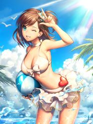 Rule 34 | 1girl, artist name, ball, bare arms, bare shoulders, beachball, bikini, bikini skirt, bird, bow, bow bikini, breasts, brown hair, cleavage, cloud, cowboy shot, day, flower, green eyes, grin, hair flower, hair ornament, heart, holding, holding ball, leaning forward, light rays, looking at viewer, metto, navel, one eye closed, one side up, original, outdoors, palm tree, seagull, see-through, short hair, side ponytail, sky, smile, solo, sparkle, splashing, strap gap, summer, sunbeam, sunlight, swimsuit, tree, w, water, water drop