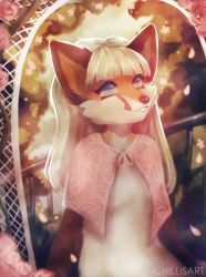 Rule 34 | 1girl, animal ears, artist name, blonde hair, blue eyes, blunt bangs, breasts, capelet, dress, female focus, flower, furry, furry female, happy, highres, long hair, looking up, original, outdoors, parted lips, petals, pink capelet, pink flower, sitting, small breasts, smile, solo, spacecolonie, teeth, tree, watermark, white dress