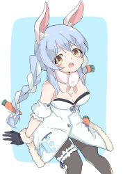 Rule 34 | 1girl, absurdres, animal ear fluff, animal ears, armband, armpits, bare shoulders, black gloves, blue background, blue hair, braid, breasts, bridal garter, buttons, carrot, carrot hair ornament, cleavage, eyebrows, food-themed hair ornament, gloves, hair ornament, highres, hololive, long braid, long hair, looking at viewer, medium breasts, multicolored hair, open mouth, orange eyes, pantyhose, pocket, rabbit ears, rabbit girl, sasakungoodsize, scarf, simple background, sitting, solo, teeth, twin braids, two-tone hair, upper teeth only, usada pekora, usada pekora (1st costume), virtual youtuber, white hair