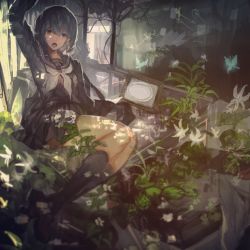 Rule 34 | 1girl, :o, arm support, arm up, black serafuku, black socks, blue hair, blurry, bug, butterfly, flower, highres, indoors, insect, legs together, lily (flower), lily pad, looking at viewer, neckerchief, open mouth, ori (momonimo), photo (object), plant, pleated skirt, school uniform, serafuku, shade, shoes, short hair, sitting, skirt, socks, solo
