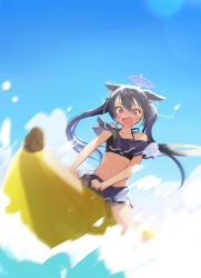 Rule 34 | 1girl, animal ear fluff, animal ears, bare arms, bare legs, bare shoulders, bikini, black bikini, black hair, blue archive, breasts, cat ears, collarbone, day, extra ears, fang, frilled bikini, frills, hair between eyes, halo, highres, long hair, machico maki, navel, ocean, official alternate costume, open mouth, outdoors, pink halo, red eyes, serika (blue archive), serika (swimsuit) (blue archive), small breasts, solo, swimsuit, twintails, water