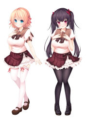 Rule 34 | 2girls, absurdres, black bow, black footwear, black hair, black legwear, blonde hair, blue eyes, blush, bow, breast suppress, breasts, brown footwear, closed mouth, collarbone, commentary request, full body, hair bow, hair ribbon, head tilt, highres, knees together feet apart, large breasts, long hair, looking at viewer, mary janes, multiple girls, original, pantyhose, parted lips, pigeon-toed, pink eyes, pink ribbon, pleated skirt, puffy short sleeves, puffy sleeves, red bow, red skirt, ribbon, ribbon-trimmed legwear, ribbon trim, school uniform, serafuku, shoes, short sleeves, skirt, smile, standing, thigh gap, thighhighs, twintails, very long hair, white background, white legwear, yori dai