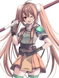 Rule 34 | 1girl, ahoge, brown hair, eiyuu densetsu, elbow gloves, estelle bright, floating hair, gloves, hand on own hip, holding, holding staff, long hair, looking at viewer, natsusechoco, one eye closed, red eyes, skirt, smile, solo, sora no kiseki, staff, twintails