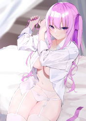 Rule 34 | 1girl, absurdres, bed sheet, blush, breasts, collared shirt, dress shirt, garter belt, hair ribbon, highres, indoors, large breasts, long hair, long sleeves, looking at viewer, navel, no bra, on bed, open clothes, open shirt, original, panties, pink eyes, pink hair, purple ribbon, ribbon, shiromonefu, shirt, sidelocks, sitting, solo, thighhighs, two side up, tying hair, underwear, very long hair, white panties, white shirt, wing collar