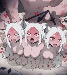 Rule 34 | 1boy, 4girls, ah-lyong lee, ahegao, animal ears, ass, black horns, black tail, blush, cerberus (helltaker), choker, demon horns, demon tail, dog ears, dog girl, doggystyle, fang, full-face blush, group sex, heart, heart-shaped pupils, helltaker, helltaker (character), highres, horns, korean commentary, manly, modeus (helltaker), multiple girls, nipples, nude, open mouth, out of frame, scar, sex, sex from behind, shared sense, spiked choker, spikes, sweat, symbol-shaped pupils, tail, tail grab, tongue, tongue out, triplets