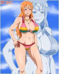 Rule 34 | 1girl, bikini, breasts, brown eyes, cleavage, highres, huge breasts, large breasts, long hair, looking at viewer, nami (one piece), navel, one piece, orange hair, smile, solo, standing, studio oppai, swimsuit, tongue, tongue out, wet