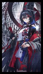 Rule 34 | 1girl, absurdres, animal ears, arigiep, black gloves, black hair, black hat, black nails, black skirt, blue hair, calligraphy brush, colored inner hair, glasses, gloves, hair between eyes, hanafuda, hat, highres, holding, holding brush, holding umbrella, long sleeves, looking at viewer, medium hair, multicolored hair, oil-paper umbrella, open clothes, original, paintbrush, personification, pleated skirt, rain, red eyes, round eyewear, skirt, standing, umbrella, wide sleeves, willow