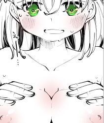 1girl blush breast_suppress breasts cleavage collarbone commentary crossed_bangs green_eyes greyscale hair_between_eyes highres hinoshita_kaho link!_like!_love_live! love_live! medium_hair monochrome nipples nude open_mouth solo sweat symbol-only_commentary translation_request yukiri_takashi