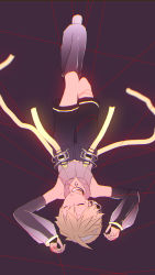 Rule 34 | 1boy, bare shoulders, bass clef, belt, black background, black shorts, blonde hair, d futagosaikyou, detached sleeves, closed eyes, full body, grey shirt, hanging, headphones, highres, hip gear, kagamine len, kagamine len (append), leg warmers, male focus, parted lips, pendant choker, see-through, shirt, shorts, sleeveless, sleeveless shirt, solo, spiked hair, string, string of fate, upside-down, vocaloid, vocaloid append