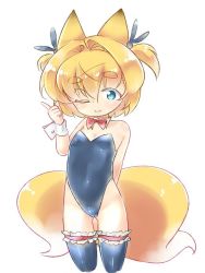 Rule 34 | 1girl, animal ears, blonde hair, bow, bowtie, croixsan, detached collar, female focus, fox ears, fox tail, leotard, multiple tails, one eye closed, original, short hair, simple background, smile, solo, strapless, strapless leotard, tail, thighhighs, two side up, white background