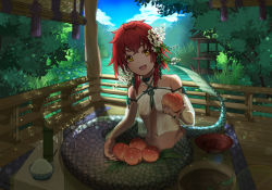 Rule 34 | 1girl, breasts, flower, food, fruit, hair flower, hair ornament, lamia, looking at viewer, monster girl, nipples, open mouth, original, outdoors, peach, red hair, revealing clothes, see-through, sizuori, small breasts, smile, solo, water, yellow eyes
