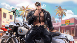 Rule 34 | 1boy, abs, artist request, bara, bare pectorals, beard, blonde hair, cigarette, city, cloud, cloudy sky, crop top, cuffs, day, explosive, facial hair, fishnets, glasses, grenade, gyee, handcuffs, hat, highres, jacket, large pectorals, leather, leather belt, leather jacket, leather pants, looking at viewer, male focus, manly, mature male, motor vehicle, motorcycle, muscular, muscular male, navel, necktie, nipples, official art, open clothes, open jacket, outdoors, palm tree, pants, pectorals, police hat, santos (gyee), shop, sign, sitting, sky, smoke, smoking, solo, spiked jacket, spread legs, sunglasses, thick arms, thick thighs, thighs, tight clothes, tree, unzipped