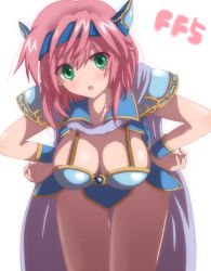 Rule 34 | 1990s (style), 1girl, armor, blush, breasts, cape, cleavage, copyright name, dragoon, dragoon (final fantasy), final fantasy, final fantasy v, green eyes, hands on own hips, large breasts, leaning forward, lenna charlotte tycoon, minnku, open mouth, pink hair, short hair