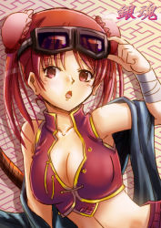 Rule 34 | 1girl, :o, bandaged arm, bandages, breasts, brown eyes, brown hair, cleavage, collarbone, copyright name, crop top, double bun, gintama, goggles, goggles on head, kagura (gintama), long hair, looking at viewer, medium breasts, midriff, moai (moai world), navel, solo, stomach, twintails, upper body