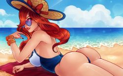 Rule 34 | 1girl, alternate costume, ass, bare shoulders, beach, blue one-piece swimsuit, blush, bow, bracelet, breasts, cloud, hair over one eye, hat, hat bow, heart, heart-shaped eyewear, highres, horizon, jewelry, large breasts, league of legends, long hair, looking at viewer, lying, miss fortune (league of legends), nail polish, ocean, on stomach, one-piece swimsuit, outdoors, poposhirat, red bow, red lips, shiny skin, sun hat, sunglasses, swimsuit, teeth, water, white one-piece swimsuit