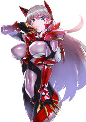 Rule 34 | 1girl, blue eyes, blush, bodysuit, breasts, closed mouth, commentary request, covered erect nipples, cowboy shot, facial mark, gauntlets, hamushima, headgear, large breasts, legs together, long hair, looking at viewer, mecha musume, multicolored bodysuit, multicolored clothes, original, shiny clothes, shiny skin, silver hair, simple background, skin tight, solo, standing, white background