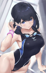 Rule 34 | 1girl, bare shoulders, black hair, black one-piece swimsuit, blue eyes, blush, breasts, collarbone, competition swimsuit, covered navel, goggles, goggles around neck, gridman universe, highleg, highleg swimsuit, highres, long hair, looking at viewer, medium breasts, one-piece swimsuit, open mouth, parfaitlate, shower (place), showering, solo, ssss.gridman, swimsuit, takarada rikka