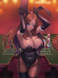 Rule 34 | 1girl, absurdres, alternate costume, animal ears, blue eyes, breasts, casino, fake animal ears, fate/grand order, fate (series), gloves, highres, large breasts, leonardo da vinci (fate), leotard, long hair, looking at viewer, pantyhose, playboy bunny, rabbit ears, rabbit pose, ranma (kamenrideroz), roulette table, smile, solo, table