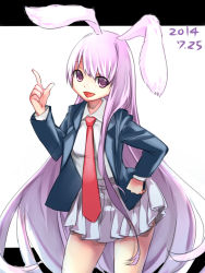 Rule 34 | 1girl, animal ear fluff, animal ears, blazer, dated, hand on own hip, highres, jacket, long hair, namauni, necktie, open mouth, pointing, pointing up, purple hair, rabbit ears, red eyes, red necktie, reisen udongein inaba, skirt, smile, solo, touhou, very long hair