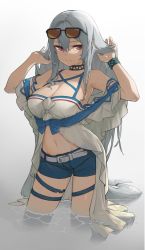 Rule 34 | 1girl, arknights, armpits, bare shoulders, black choker, blouse, blue shorts, choker, commentary, cowboy shot, eyewear on head, gradient background, hands up, highres, infection monitor (arknights), kiryuu haru (445), long hair, low-tied long hair, navel, no headwear, off-shoulder shirt, off shoulder, official alternate costume, partially submerged, red eyes, shirt, short shorts, short sleeves, shorts, silver hair, skadi (arknights), skadi (waverider) (arknights), solo, standing, stomach, sunglasses, thigh strap, thighs, very long hair, wading, water, white shirt