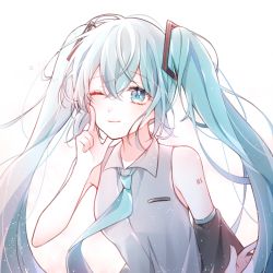 Rule 34 | 1girl, ;), asymmetrical sleeves, blue eyes, blue hair, blue necktie, detached sleeves, floating hair, grey shirt, hair between eyes, hair ornament, hatsune miku, index finger raised, long hair, mattang, necktie, one eye closed, shirt, simple background, sleeveless, sleeveless shirt, smile, solo, tattoo, twintails, uneven sleeves, upper body, very long hair, vocaloid, white background