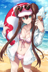 Rule 34 | 1girl, :q, aqua eyes, beach, bikini, blush, breasts, brown hair, cleavage, cloud, commentary request, creatures (company), day, double bun, e-co, eyelashes, eyewear on headwear, food, game freak, hair between eyes, hair bun, heart, heart-shaped eyewear, holding, holding food, holding swim ring, ice cream, ice cream cone, innertube, jewelry, long hair, looking at viewer, medium breasts, navel, necklace, nintendo, outdoors, pokemon, pokemon bw2, rosa (pokemon), sand, sidelocks, sky, smile, solo, standing, striped bikini, striped clothes, sunglasses, swim ring, swimsuit, tongue, tongue out, twintails, very long hair, visor cap, water