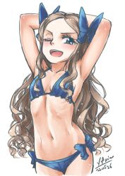 Rule 34 | 1girl, arimura yuu, armpits, arms behind head, asakaze (kancolle), bikini, blue bikini, blue eyes, breasts, cowboy shot, dated, forehead, highres, kantai collection, light brown hair, long hair, looking at viewer, navel, one eye closed, open mouth, parted bangs, side-tie bikini bottom, sidelocks, signature, simple background, small breasts, smile, solo, swimsuit, teeth, upper teeth only, wavy hair, white background
