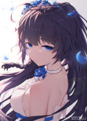 Rule 34 | 1girl, antenna hair, back bow, bare shoulders, black hair, blue eyes, blue flower, bow, braid, breasts, character name, chinese commentary, closed mouth, commentary request, dress, expressionless, flower, from side, hair flower, hair ornament, halter dress, halterneck, hbb, highres, honkai (series), honkai impact 3rd, lens flare, long hair, looking at viewer, looking to the side, medium breasts, petals, raiden mei, side braid, sideboob, simple background, sleeveless, sleeveless dress, solo, upper body, very long hair, white background, white bow, white dress