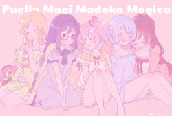 Rule 34 | 5girls, :o, ^ ^, akemi homura, alternate costume, alternate hairstyle, arm around shoulder, arm support, babydoll, bare legs, bare shoulders, black hairband, black ribbon, blanket, blonde hair, blue hair, blue shirt, blue shorts, blush, braid, breasts, charlotte (madoka magica), closed eyes, closed mouth, collarbone, collared shirt, copyright name, dot nose, feet out of frame, finger to mouth, flat chest, frills, glasses, hair between eyes, hair down, hair ribbon, hairband, hands on own knees, happy, head on another&#039;s shoulder, high ponytail, highres, jacket, kaname madoka, knee blush, long hair, looking at another, mahou shoujo madoka magica, mahou shoujo madoka magica (anime), medium breasts, miki sayaka, multiple girls, off-shoulder shirt, off shoulder, pajamas, parted lips, paru rari, pink background, pink hair, pink jacket, pink ribbon, polka dot, polka dot background, polka dot pajamas, ponytail, puffy short sleeves, puffy sleeves, purple eyes, purple hair, purple pajamas, purple ribbon, red-framed eyewear, red hair, red ribbon, ribbon, sakura kyoko, seiza, semi-rimless eyewear, shirt, short hair, short sleeves, short twintails, shorts, shushing, side-by-side, simple background, sitting, sleeping, sleeping on person, sleepover, smile, tomoe mami, twintails, twitter username, under covers, v arms, witch (madoka magica)