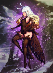 Rule 34 | 1girl, anne (bravely second), antenna hair, black footwear, black gloves, black leotard, black thighhighs, boots, bravely default (series), bravely second: end layer, breasts, butterfly wings, closed eyes, elbow gloves, fairy, from side, full body, gloves, high heels, highres, insect wings, kuzanagi009, leg up, leotard, long hair, outdoors, pointy ears, small breasts, solo, standing, standing on one leg, thigh boots, thighhighs, thighs, white hair, wings