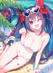 Rule 34 | 1girl, ;d, absurdres, amakawa sakko, animal ear fluff, animal ears, arm support, armband, asaki yukiko, bare shoulders, bikini, black hair, blush, bracelet, breasts, caustics, choker, cleavage, collarbone, eyewear on head, fang, flower, fox ears, front-tie bikini top, front-tie top, groin, hair flower, hair ornament, halterneck, hand up, head tilt, heart, heart-shaped eyewear, hibiscus, highres, jewelry, large breasts, leaf, lifebuoy, long hair, looking at viewer, multicolored hair, navel, one eye closed, open mouth, original, paw pose, red eyes, red flower, red hair, sandals, sitting, smile, solo, streaked hair, sunglasses, swim ring, swimsuit, thigh strap, thighs, twintails, very long hair, water, white-framed eyewear, white bikini
