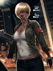 Rule 34 | 1girl, absurdres, android, blonde hair, breasts, cleavage, damaged, dark skin, fingerless gloves, gloves, glowing, glowing eyes, highres, holding, holding weapon, insignia, large breasts, mechanical parts, rob 110101101, solo, tan, terminator (series), the terminator, weapon