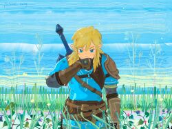 Rule 34 | 1boy, abstract background, arm guards, armor, belt, blonde hair, blue eyes, blue sky, blue tunic, champion&#039;s tunic (zelda), dirty, dirty clothes, dirty face, feleven, field, flower, flower field, greaves, highres, link, long hair, male focus, master sword, nintendo, pauldrons, pointy ears, scuffed, shoulder armor, single pauldron, sky, solo, star (sky), the legend of zelda, the legend of zelda: tears of the kingdom