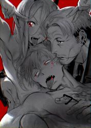 Rule 34 | 1girl, 2boys, chainsaw man, cigarette, clothed male nude female, clothed male nude male, denji (chainsaw man), facial hair, formal, highres, horns, kishibe (chainsaw man), monochrome, multiple boys, necktie, nude, power (chainsaw man), red background, red eyes, sato lw, sharp teeth, shirt, stubble, suit, teeth, v, white shirt
