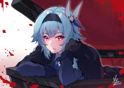 Rule 34 | 1girl, absurdres, alternate costume, black gloves, black hairband, blue coat, blue hair, coat, coffin, eula (genshin impact), fang, genshin impact, gloves, gradient background, hairband, highres, kimi tsuru, looking at viewer, looking to the side, open mouth, red eyes, solo, upper body, vampire, vampire costume, vision (genshin impact), white background