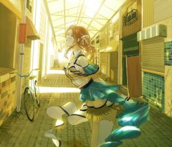 Rule 34 | 1girl, bare shoulders, bicycle, brown eyes, brown hair, commentary request, day, from side, highres, ichikawa hinana, idolmaster, idolmaster shiny colors, long hair, looking away, maitenn03, miniskirt, official art, pleated skirt, shop, shopping district, side ponytail, skirt, solo, tile floor, tiles