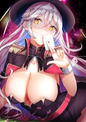 Rule 34 | 1girl, breasts, card, character request, cleavage, epaulettes, hair between eyes, hat, highres, holding, holding card, iris mysteria!, large breasts, long hair, looking at viewer, nidaime (doronbo), solo, upper body, white hair, yellow eyes