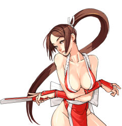 Rule 34 | 1girl, breasts, brown eyes, brown hair, cleavage, crossed arms, fatal fury, large breasts, long hair, pelvic curtain, ponytail, revealing clothes, shiranui mai, snk, takoyaki neko-san, the king of fighters