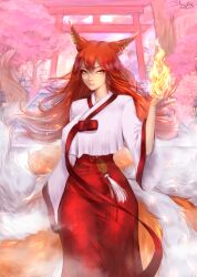 Rule 34 | 1girl, animal ears, architecture, artist name, cherry blossoms, clothing request, commission, earrings, east asian architecture, fire, fox ears, fox girl, fox tail, hair between eyes, jewelry, kitsune, long hair, long skirt, magic, multiple tails, orange eyes, original, outdoors, pagoda, red hair, red ribbon, red skirt, ribbon, skirt, sleepingsol, slit, solo, standing, tail, tree, wide sleeves