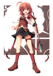 Rule 34 | 1girl, ahoge, asymmetrical clothes, bad id, bad pixiv id, bbbbunny, black skirt, brown eyes, brown hair, female focus, full body, hair ornament, hairclip, legs, looking at viewer, open mouth, original, red hair, ribbon, short hair, skirt, socks, solo, staff, standing, thigh strap, wizard, wrist cuffs